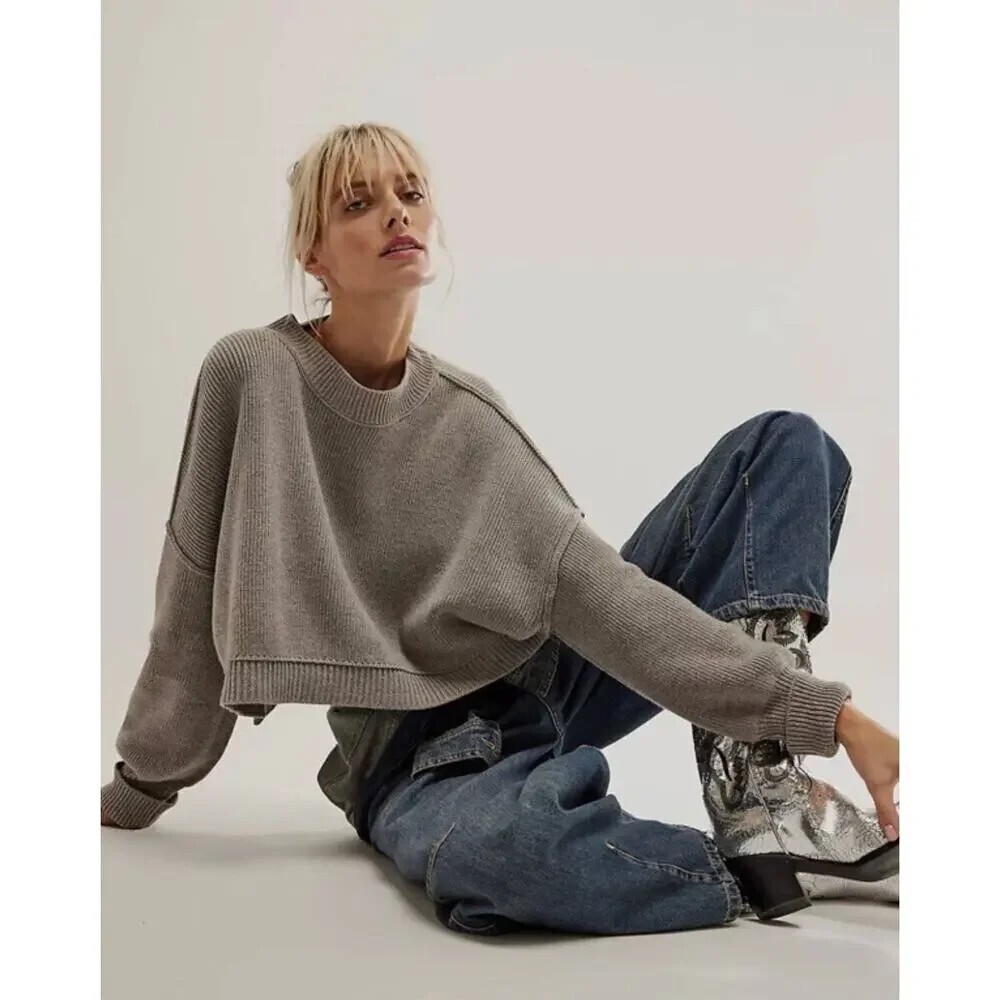 FREE PEOPLE Easy Street Crop Pullover Women's XS Gray Sweater Oversized Slouchy